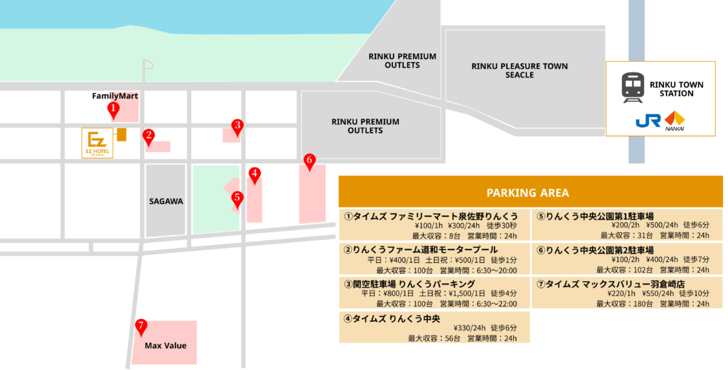 Map showing the location of parking lots around the hotel.