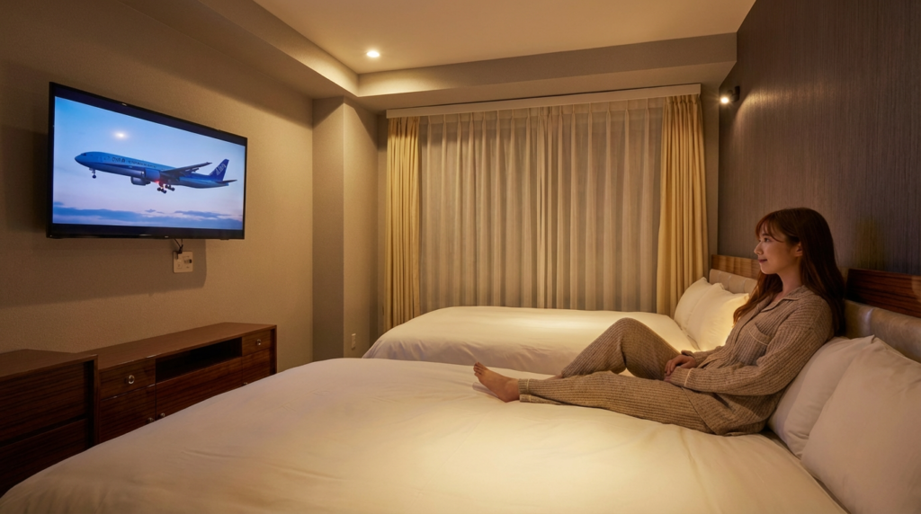 EZ HOTEL 関西空港 Seasideのダブルツインの客室でくつろぐ様子