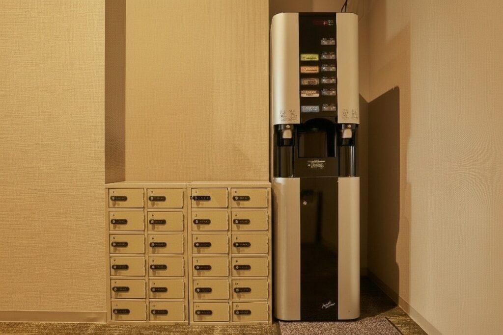 1階ロビーに置かれた給茶機。ボタンでお茶・コーヒー・水を選べる