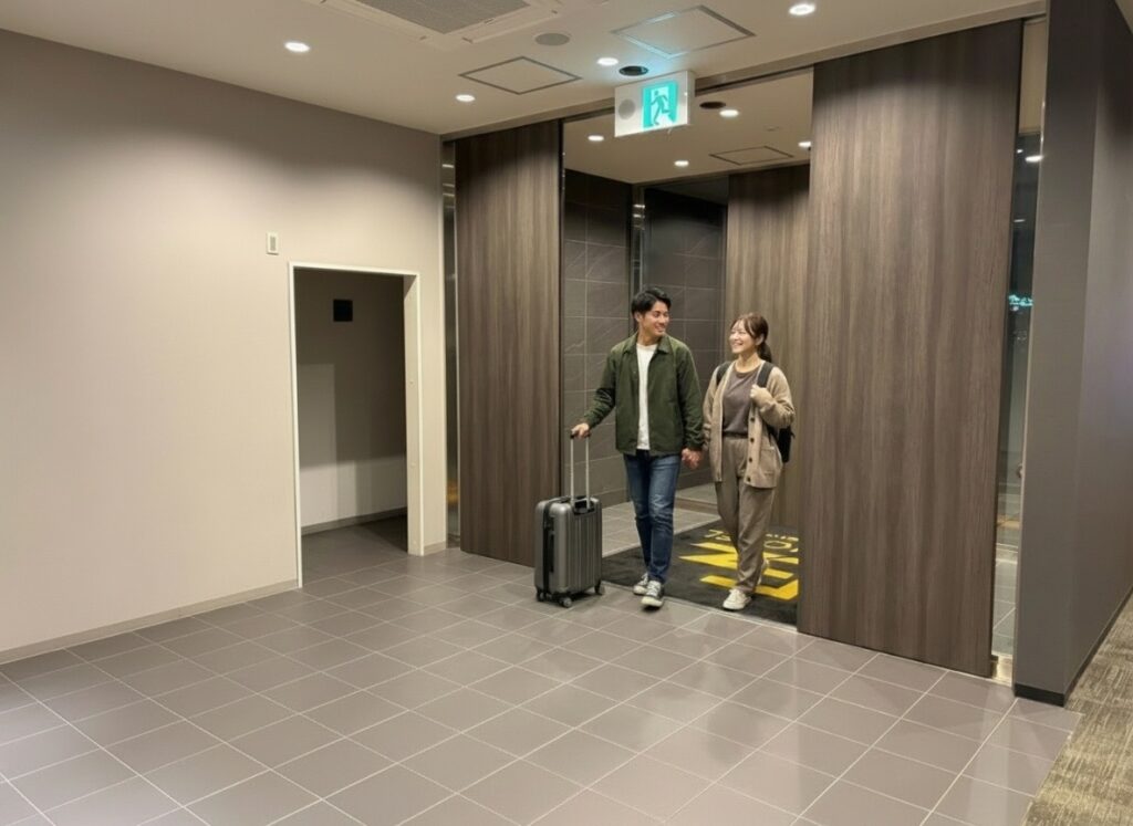 EZ HOTEL 関西空港 Seasideの1階入口。スーツケースを引いた2人が館内に入ってくる