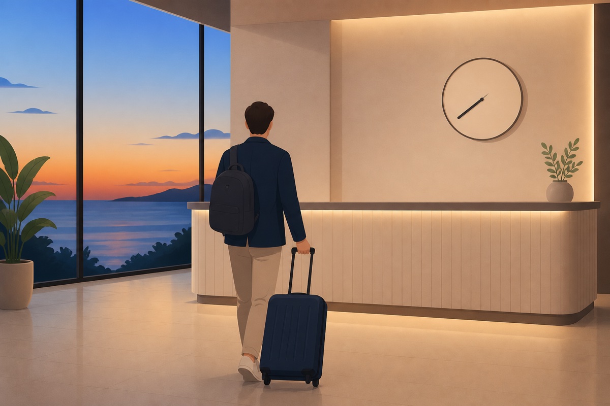 夕方にキャリーケースを引いてホテルのフロントへ向かう旅行者のイラスト