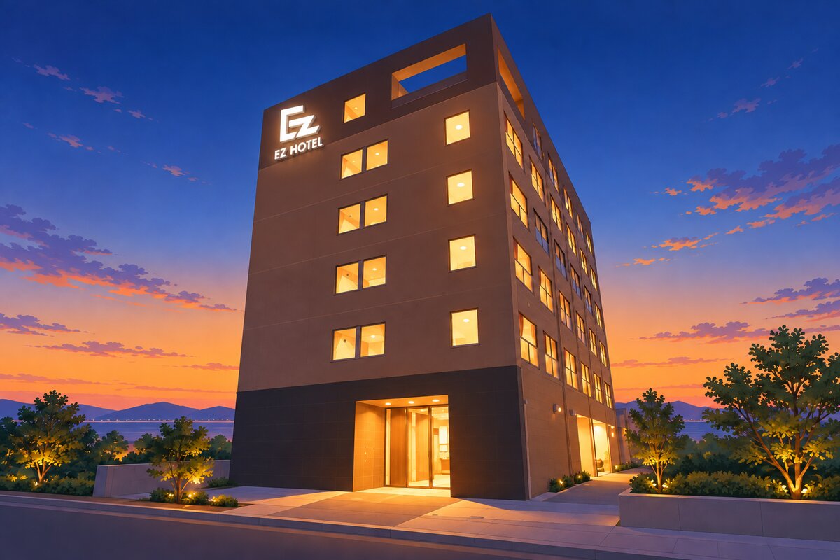 夕暮れの空の下に建つEZ HOTEL 関西空港 Seasideの外観を描いたイラスト