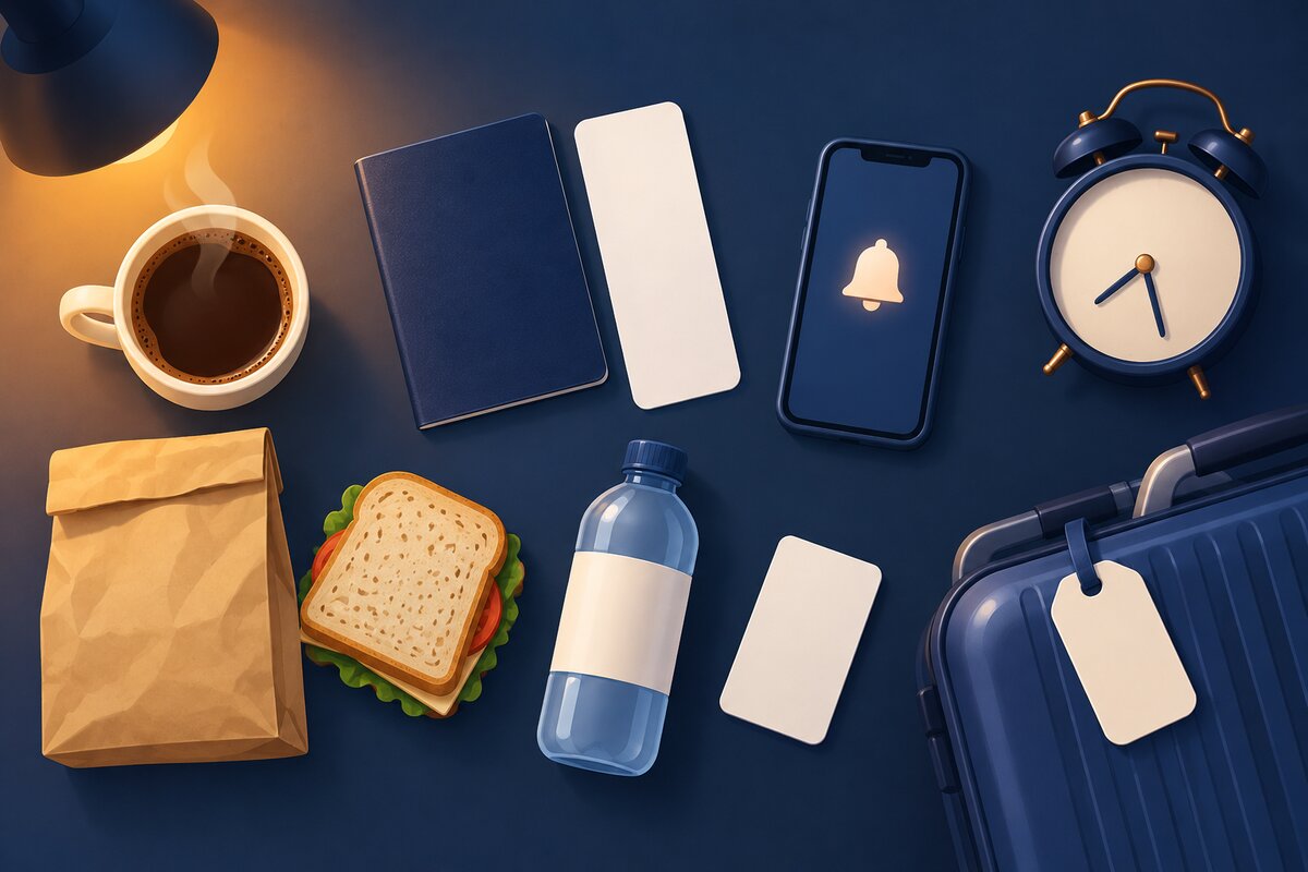 パスポート、搭乗券、目覚まし時計、スマートフォン、朝食のサンドイッチ、スーツケースを机に並べたイラスト