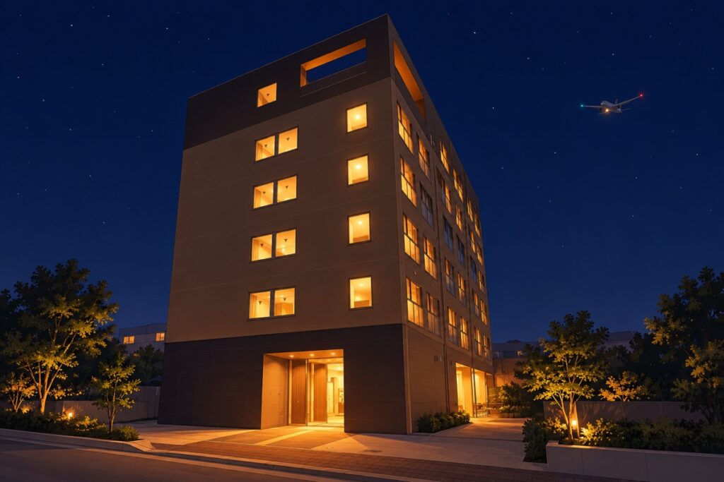 夜空の下で窓と入口に明かりがともるEZ HOTEL 関西空港 Seasideの外観を描いたイラスト