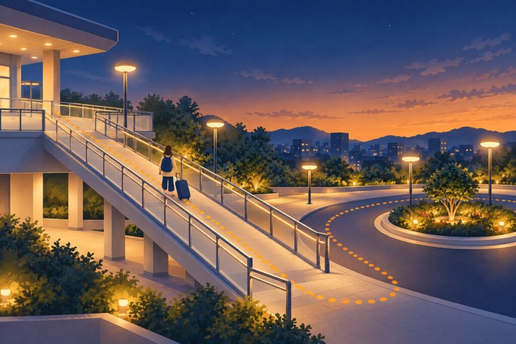 夕暮れの駅前で、2階のデッキから手すり付きのスロープを下り、植え込みのあるロータリーへ向かう人の後ろ姿を描いたイラスト