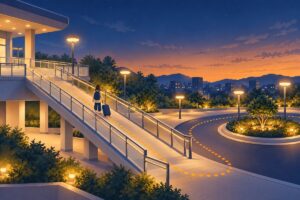 夕暮れの駅前で、2階のデッキから手すり付きのスロープを下り、植え込みのあるロータリーへ向かう人の後ろ姿を描いたイラスト